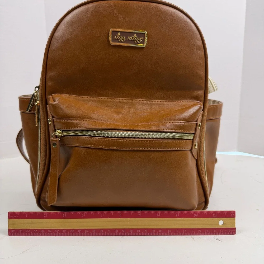 Itzy Ritzy Boss Backpack Diaper Bag Cognac Brown Vegan Leather Gold Hardware